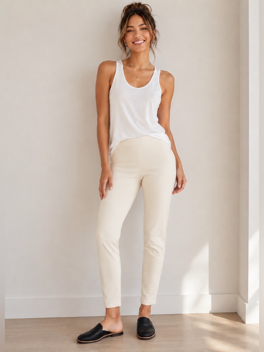 Eileen Fisher Petite Washable Stretch Crepe Slim Pants (Bone)
